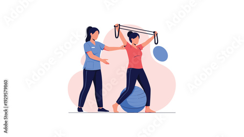 Professional female physiotherapist assists a patient during rehabilitation exercises using a resistance band and a blue fitness ball.
