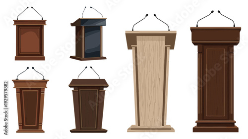 Selection of various wooden podiums and lecterns equipped with microphones suitable for press conferences and public speaking events.