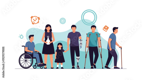 Diverse group of people with various physical disabilities including a man in a wheelchair and individuals using prosthetic limbs.