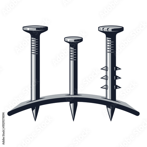 Three nails and a metal plate with spikes on white background icon