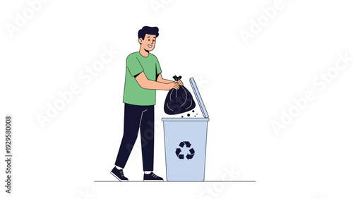 Smiling young man wearing a green shirt puts a black plastic trash bag into a blue recycling bin with the universal symbol.