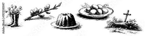 Collection of vintage easter icons including cake eggs and spring flowers in woodcut style