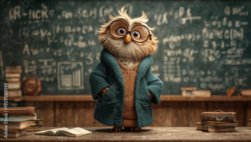 Senior owl professor in coat standing in classic library