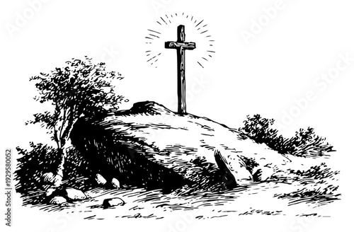 Classical engraving of a holy cross standing on a rocky hill with light rays
