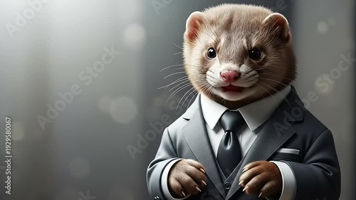 Suited Ferret Adjusting Jacket in Studio.