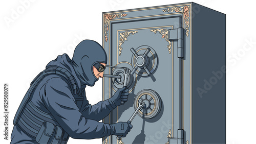 Professional burglar wearing a dark mask and tactical gear uses specialized tools to crack open a large secure metal safe.