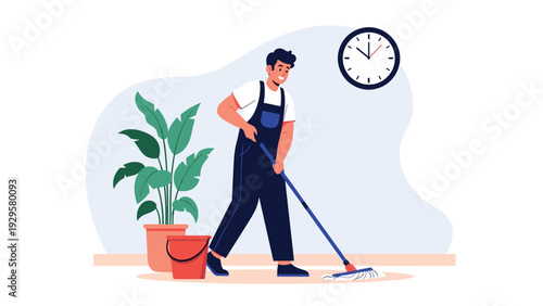 Happy janitor wearing blue overalls mops the tiled floor in a room with a large potted plant and a clock on the wall.