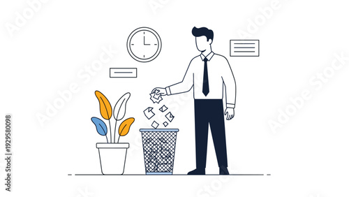 Professional businessman in a white shirt and tie throws a crumpled paper ball into a wire trash basket in a clean office setting.