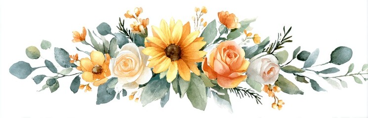 Watercolor floral arrangement with sunflowers, roses, leaves and eucalyptus against a white backdrop