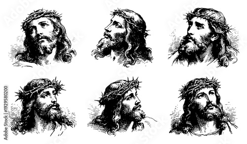 Set of six expressive portraits of Jesus Christ wearing a crown of thorns