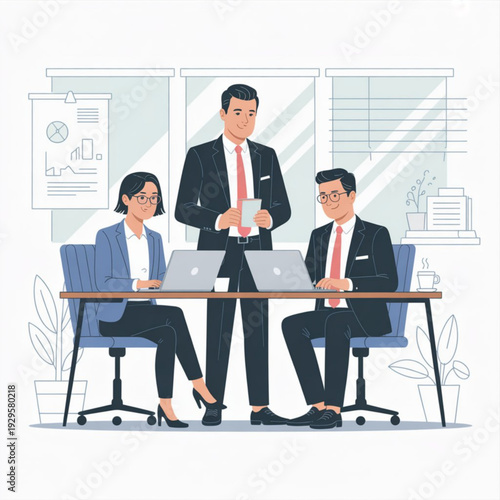 Business team meeting in office with colleagues working on laptop and presentation room scene