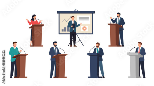 Set of diverse public speakers including men and women giving presentations at podiums and using a whiteboard in a conference hall.