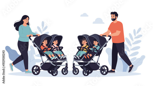 Young mother and father push double strollers with their toddler twins while walking through a park with blue plants.