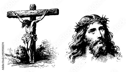 Vintage illustrations of the crucifixion of Jesus and a portrait with crown of thorns