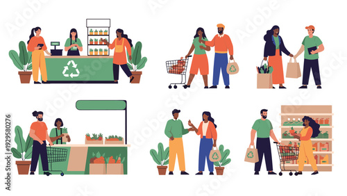 Group of people shopping for groceries at a market and using eco-friendly reusable bags to support environmental sustainability.