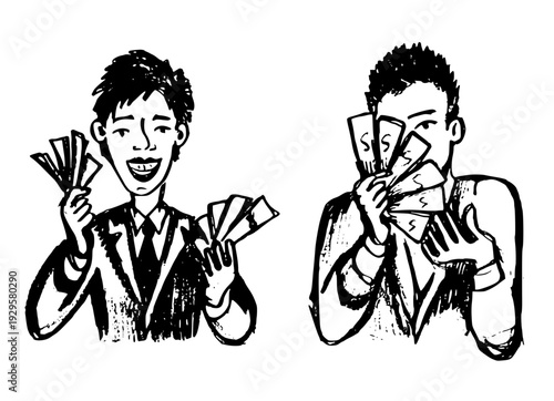 Set of hand drawn sketches of a businessman holding money. Happy man and man hiding his face behind cash. Vector illustration.