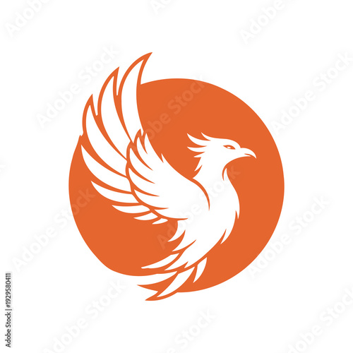 White bird flying in front of orange circle on plain background icon