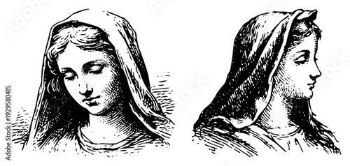 Classic vintage engraving portraits of the Virgin Mary in a prayerful mood