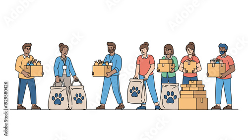 Group of diverse volunteers standing together while carrying donation boxes and large bags of pet food for charity.