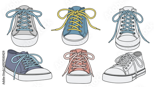 Collection of various colorful sneakers and shoes shown from different angles with tied laces on a white background.
