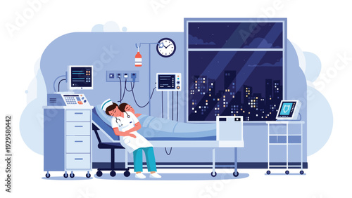 Exhausted nurse resting her head on a patient's hospital bed in a dark room with a city view through the window at night.