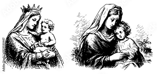 Vintage woodcut illustrations of the Virgin Mary holding baby Jesus in a maternal religious scene