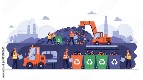 Busy scene at a waste management facility where workers are sorting garbage into colorful recycling bins near machinery.