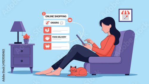 Young woman sitting on a sofa and using a digital tablet for online shopping and food delivery from her living room.