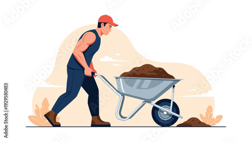 Strong muscular man in a red cap and blue outfit pushing a heavy wheelbarrow filled with dirt or soil outdoors.