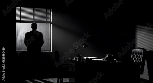 Noir Silhouette Man Standing By Rainy Office Window Desk