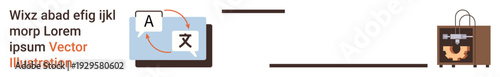 Language translation, workflow automation, 3D printing, technology integration, manufacturing, innovation. Digital device showing translation and connected 3D printer. Language translation