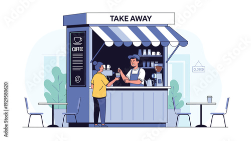 Customer buying coffee from a barista at a modern outdoor take away kiosk with tables and chairs in the background.