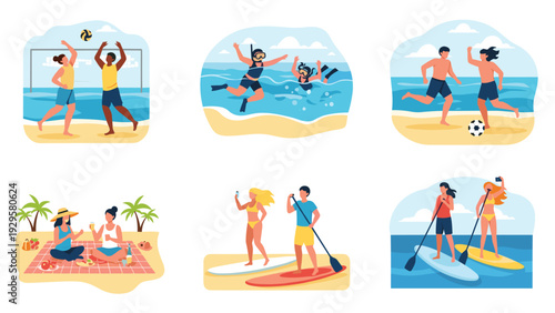 Collection of six different scenes showing people enjoying various beach activities like sports and paddleboarding.
