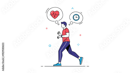 Athletic man running outdoors while checking his heart rate and time on a digital smartwatch shown in thought bubbles.