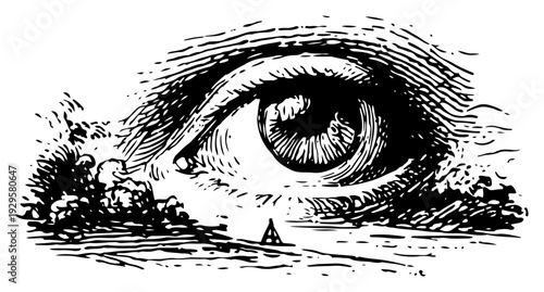Surreal vintage engraving of a giant human eye watching over the horizon