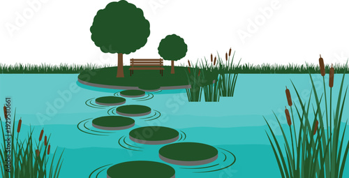 Serene pond landscape illustration with island, trees, wooden bench, stepping stones, cattails, and grasses, tranquil nature scene for relaxation, design, and educational concepts