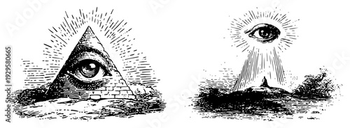 Set of two mystical symbols featuring the eye of providence and divine vision
