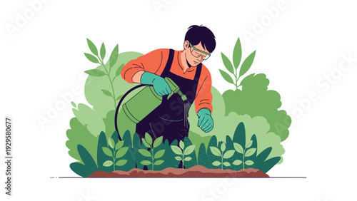 Gardener wearing goggles and gloves while carefully spraying plants or crops with a liquid solution in a lush garden.