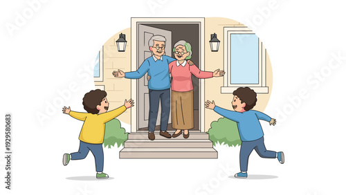 Happy elderly couple standing at their front door with open arms to greet two young boys running towards them.