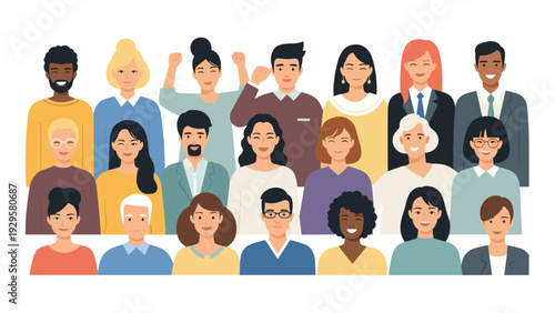 Wide variety of diverse men and women of different ages and ethnicities standing together in three rows smiling.