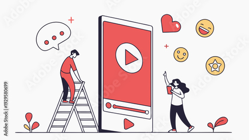 People interacting with large video player on mobile device