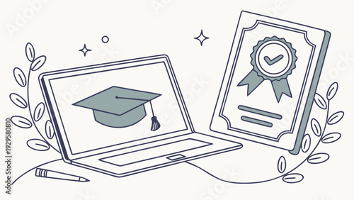 Online education and graduation concept with laptop and certificate