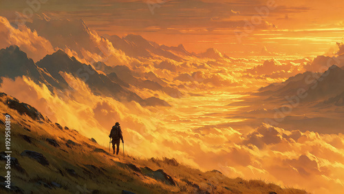 Silhouette of a hiker in vast golden misty mountain valley at sunset