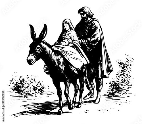 Vintage engraving depicting the holy family journeying on a donkey in a classic biblical scene