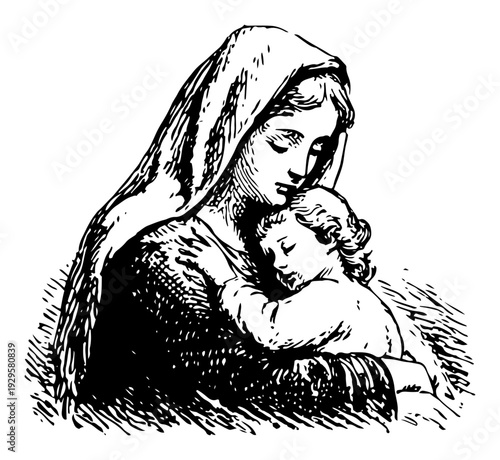 Detailed vintage woodcut illustration of the Virgin Mary embracing child Jesus in a maternal religious portrait
