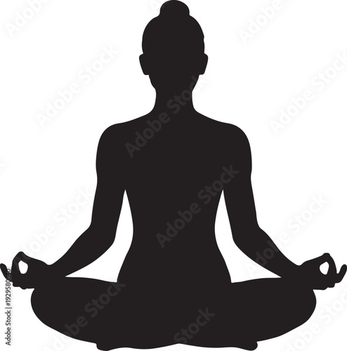 Meditation lotuses pose human silhouette, calm and mindful relaxation concept, yoga and spiritual balance illustration, clean minimal black vector design, isolated on white background.