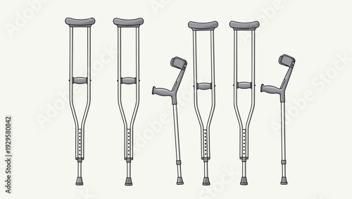 Collection of different types and sizes of metal crutches used for mobility support after an injury or surgery.