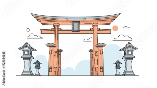 Traditional Japanese Torii gate with stone lanterns under a soft sun and clouds in a simple line art style.