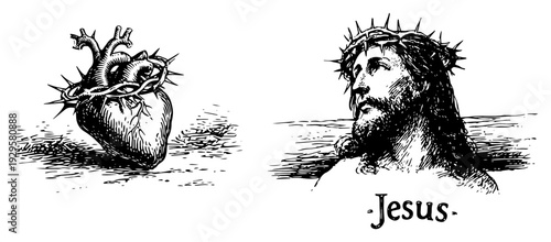 Hand drawn vintage religious icons featuring the sacred heart of Jesus and a portrait with crown of thorns