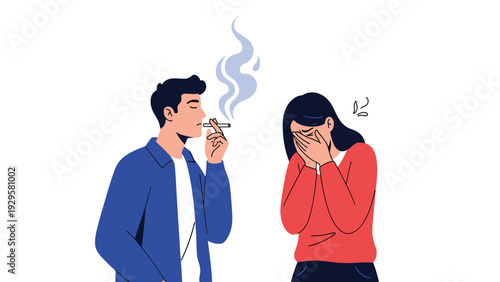 Young man smoking a cigarette while a woman standing next to him covers her face to avoid the second-hand smoke.